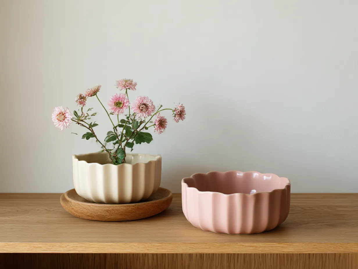 クリーム色に合う色と花器の並び｜リブ模様が印象的な陶器のボウルは、クリーム色とピンクの2色展開。クリーム色に合う色としての優しいピンクが、ナチュラルであたたかなアクセントとして寄り添います。