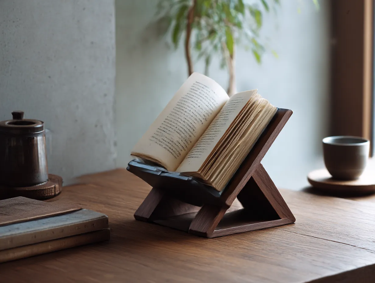 ダークグレーに合う色×読書台の深みある静けさ｜ダークグレーのブックスタンドと木の温もりが調和するデスクシーン。深いトーンの中に茶と生成りを織り交ぜ、知的でリラックスした読書空間を表現。