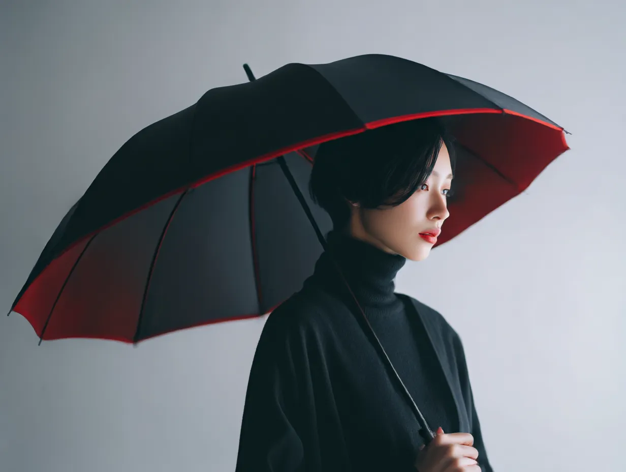 赤に合う色×黒の傘と女性｜黒の傘の内側に施された赤が絶妙なアクセントとなり、赤リップや黒ニットと調和。赤に合う色であるブラックが強さと気品を引き立てるスタイリッシュな構成。