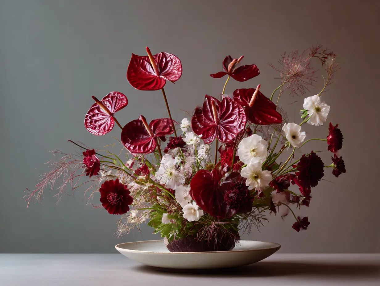 赤に合う色×フラワーアレンジメント｜ボルドーや真紅の花々を中心に、白い花やくすみグリーンが赤を引き立てる絶妙なバランス。赤に合う色の自然系配色で華やかかつ上品な印象に仕上がっている。