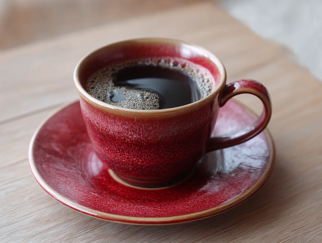 ボルドーに合う色×カップとコーヒー｜艶やかなボルドーの陶器に、生成色の縁取りと黒いコーヒーが美しく調和。ボルドーに合う色のナチュラルベージュが、温かみある空気を生み出している。