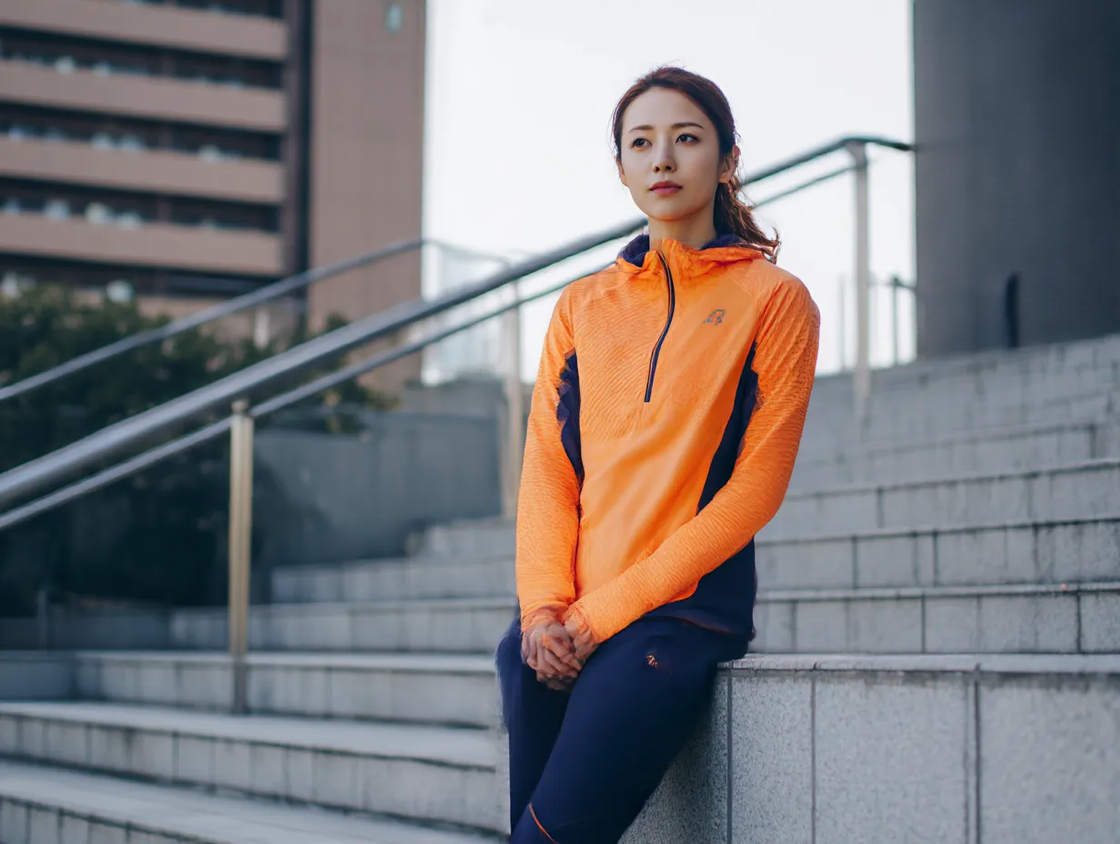 オレンジに合う色×スポーツウェア女性｜ビビッドなオレンジとネイビーのスポーツウェアが好対照で、エネルギッシュかつクールな印象に。オレンジに合う色としての深紺がスタイリッシュさを強調。