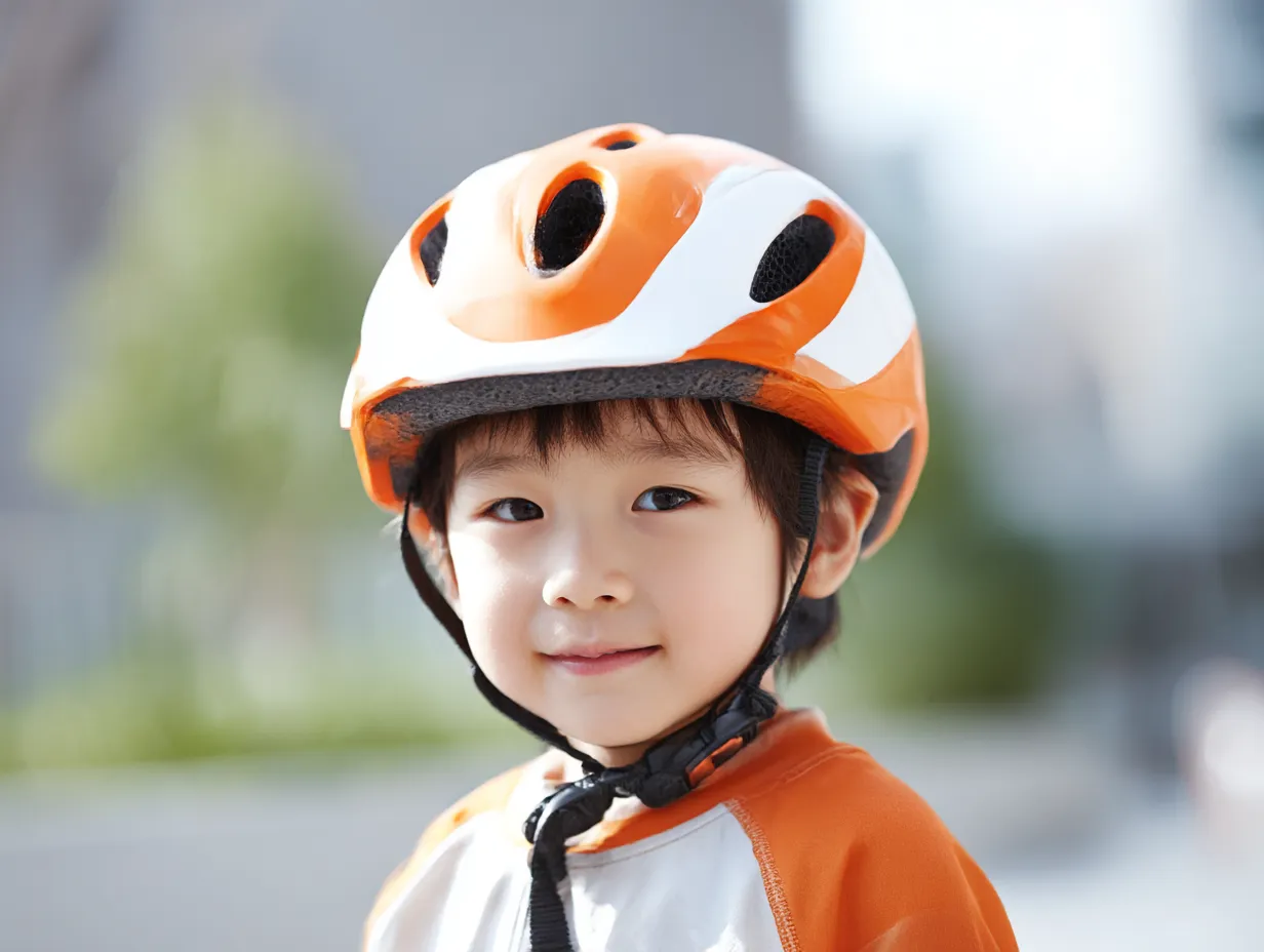 オレンジに合う色×子どもとヘルメット｜白とオレンジのコントラストが元気さを引き立てるデザイン。オレンジに合う色としての白が、軽快で親しみやすい印象を与え、子どもの表情を際立たせる。