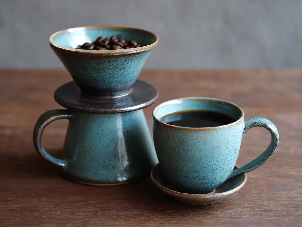 茶色に合う色×コーヒードリッパー｜深みある青緑の陶器と、ブラウンのテーブルが落ち着いた組み合わせ。茶色に合う色のターコイズ系が温かく洗練されたカフェ風の雰囲気を作っている。