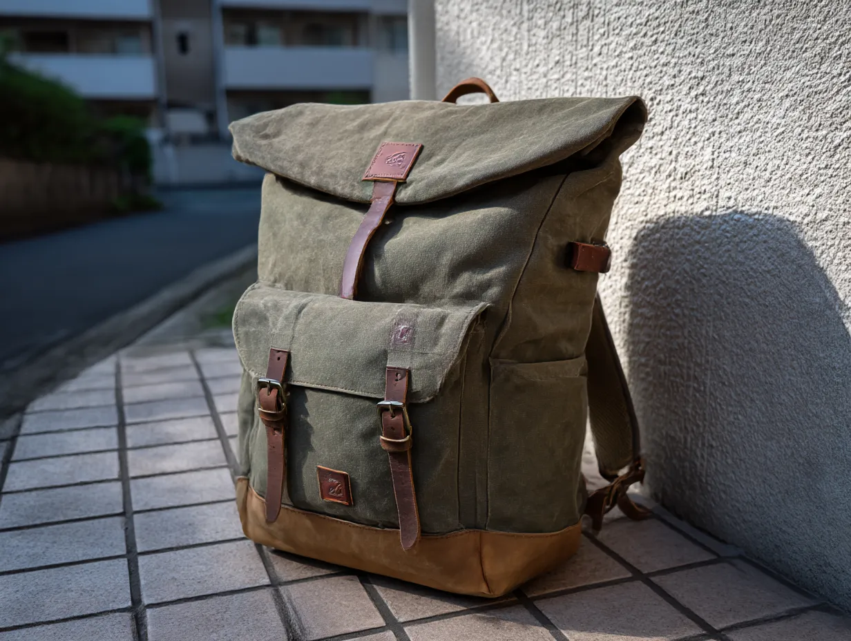 キャメルに合う色×キャンバスリュック｜オリーブグリーンのキャンバスとキャメル色のレザーの組み合わせがアウトドア感と落ち着きを両立。ラフさと品格を兼ねた都会派デザイン。