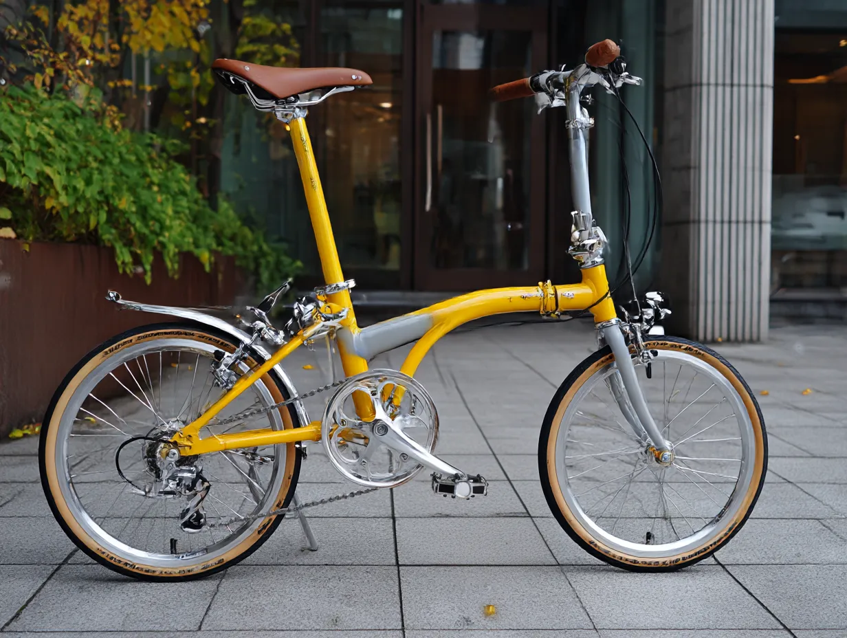 黄色に合う色・折りたたみ自転車｜黄色とシルバーのバランスが美しい折りたたみ自転車。タイヤサイドやサドルのブラウンも効いており、都会的でありながら温かみのある印象を与える。