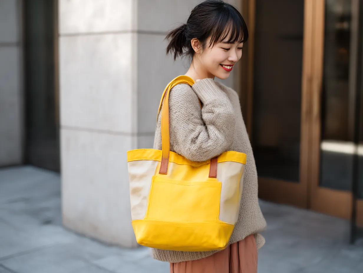 黄色に合う色・トートバッグと秋コーデ｜黄色のトートバッグにベージュやブラウン系の服を合わせた柔らかな雰囲気のコーディネート。全体にナチュラル感があり、黄色が優しく映える配色構成。