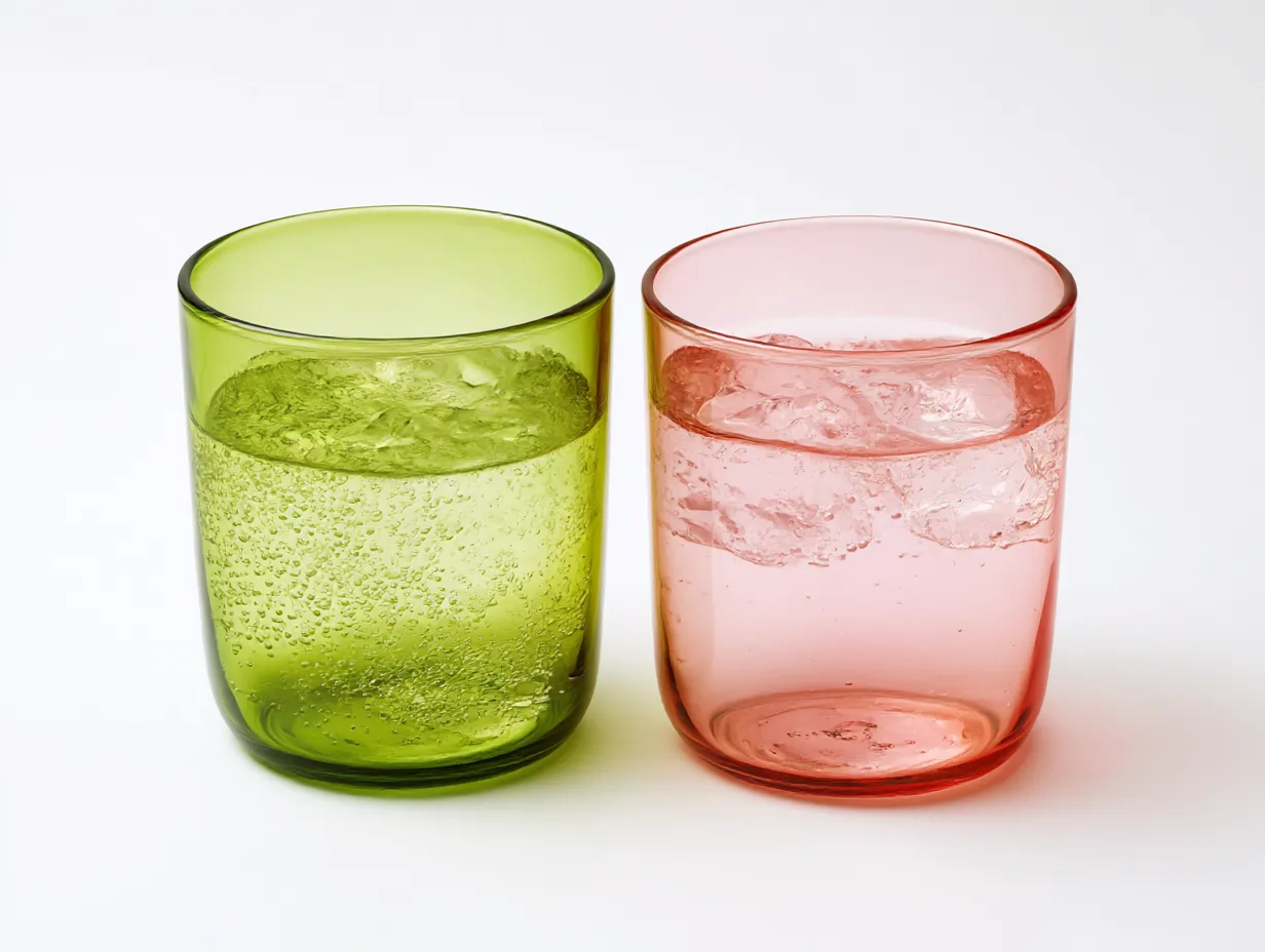 緑に合う色・ペアグラスの配色例｜ライムグリーンとピンクのガラスコップは透明感があり、色の補完的関係が視覚的な心地よさを生む。みずみずしく爽やかな印象のテーブルウェア。