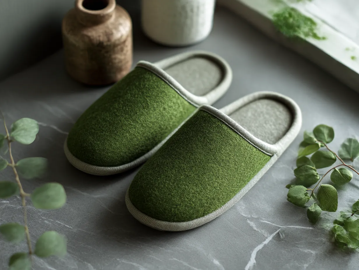 緑に合う色・ルームスリッパ｜モスグリーンのルームスリッパにグレージュのパイピングが柔らかく調和。自然光の下で素材感が際立ち、ナチュラルで落ち着いた暮らしを想像させる。