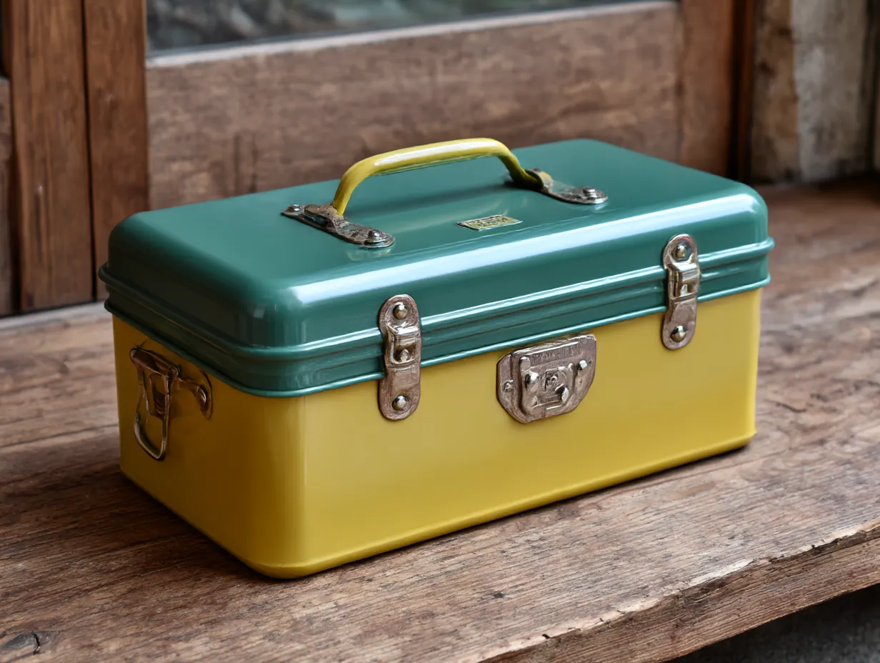 緑に合う色・ツートン金属ボックス｜上部に深緑、下部にからし色を配した金属製ボックスは、レトロ感とモダンが共存するデザイン。シルバーの金具が全体を引き締め、実用美を感じさせる。