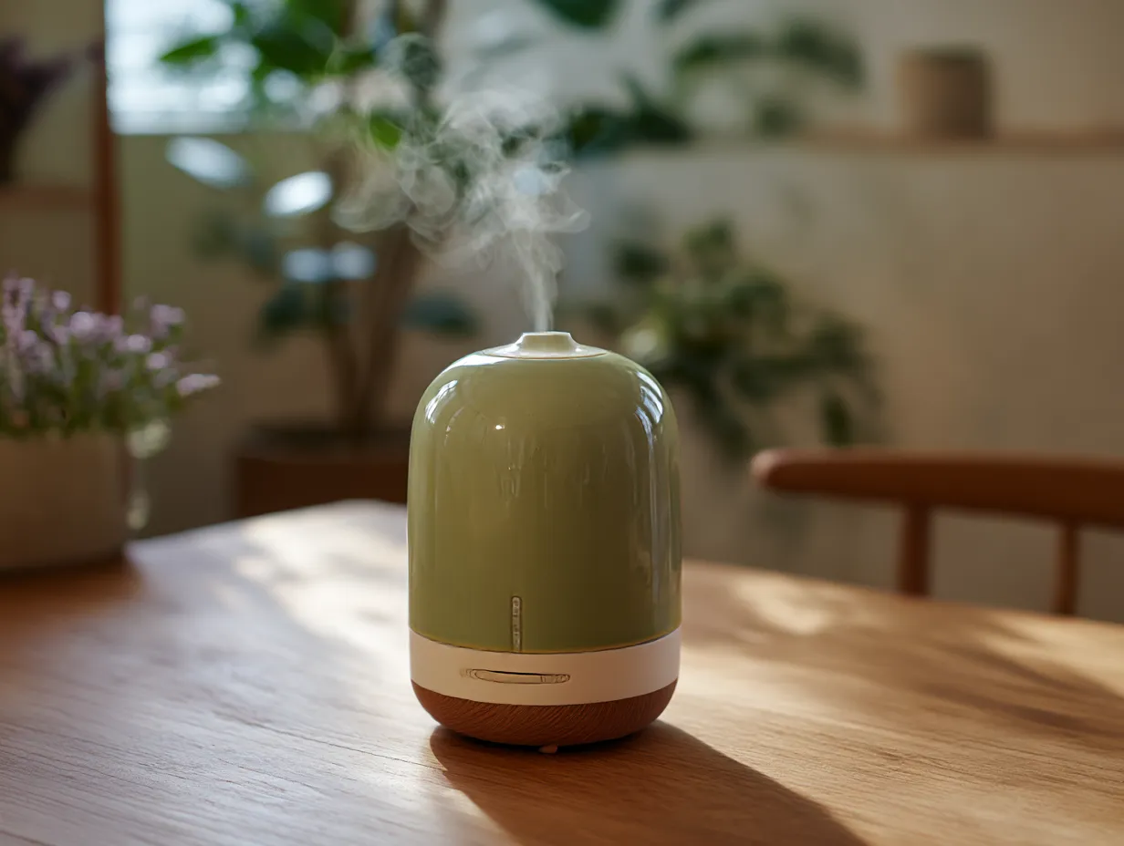 緑に合う色・加湿器と木の空間｜オリーブグリーンの加湿器と木のテーブル、白のパーツが柔らかに共鳴。北欧風の空間にぴったりで、心落ち着く癒しのインテリアを演出する。