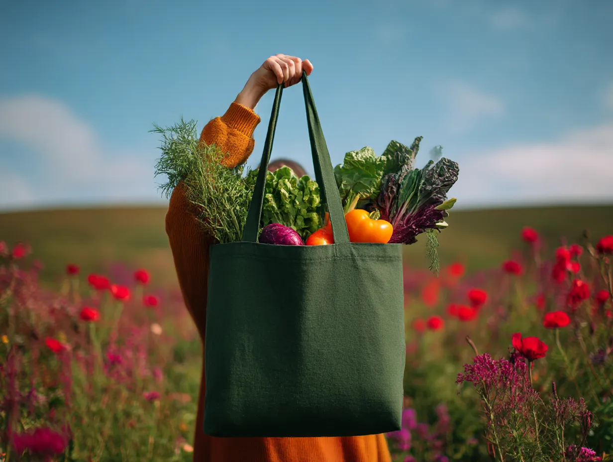 緑に合う色・トートバッグと畑の彩り｜深緑の布製トートバッグと赤・オレンジ・紫の野菜や花々が鮮やかな対比を生む。自然の中で映える配色で、活力と生命力を感じるビジュアル。