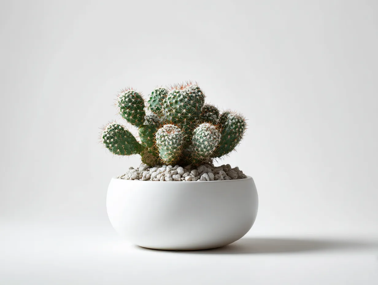黄緑に合う色・サボテンと白い鉢｜黄緑がかったサボテンに白の丸鉢を合わせることで、植物の鮮やかさがより際立つミニマルな配色。清潔感と柔らかさを併せ持つ現代的なインテリアに最適。