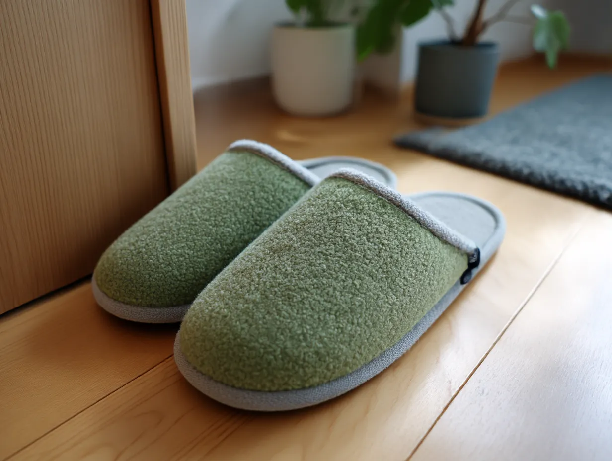 黄緑に合う色・ボアスリッパと床色｜淡い黄緑のボアスリッパにライトグレーの縁取り、明るい木目床が組み合わさり、自然で温かみのある室内風景を演出。ナチュラルテイストな暮らしに調和。