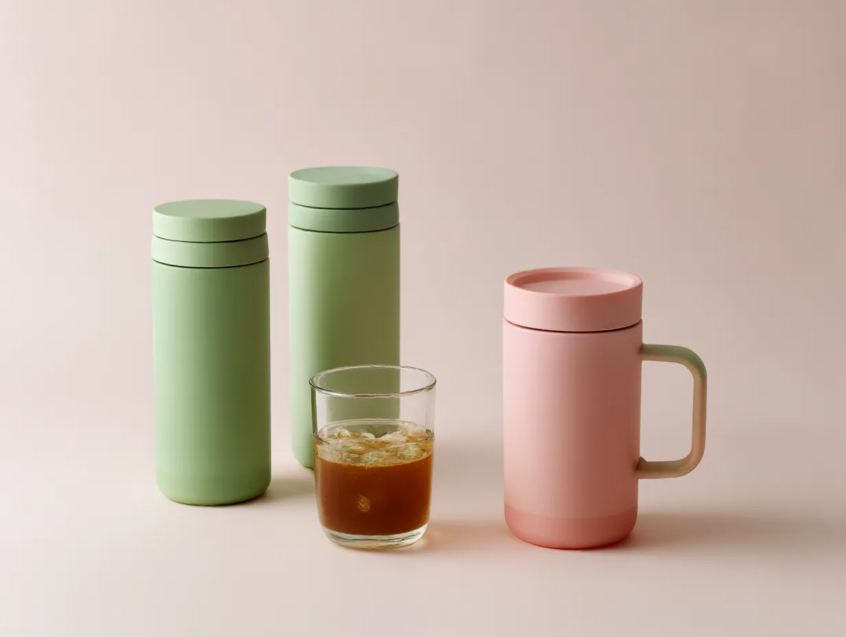 黄緑に合う色・ボトルとマグの配色｜マットな黄緑とピンクのタンブラーが並ぶパステルカラー構成。やさしく調和しつつも互いの色が引き立ち合う、可愛らしく穏やかな印象のデザイン。