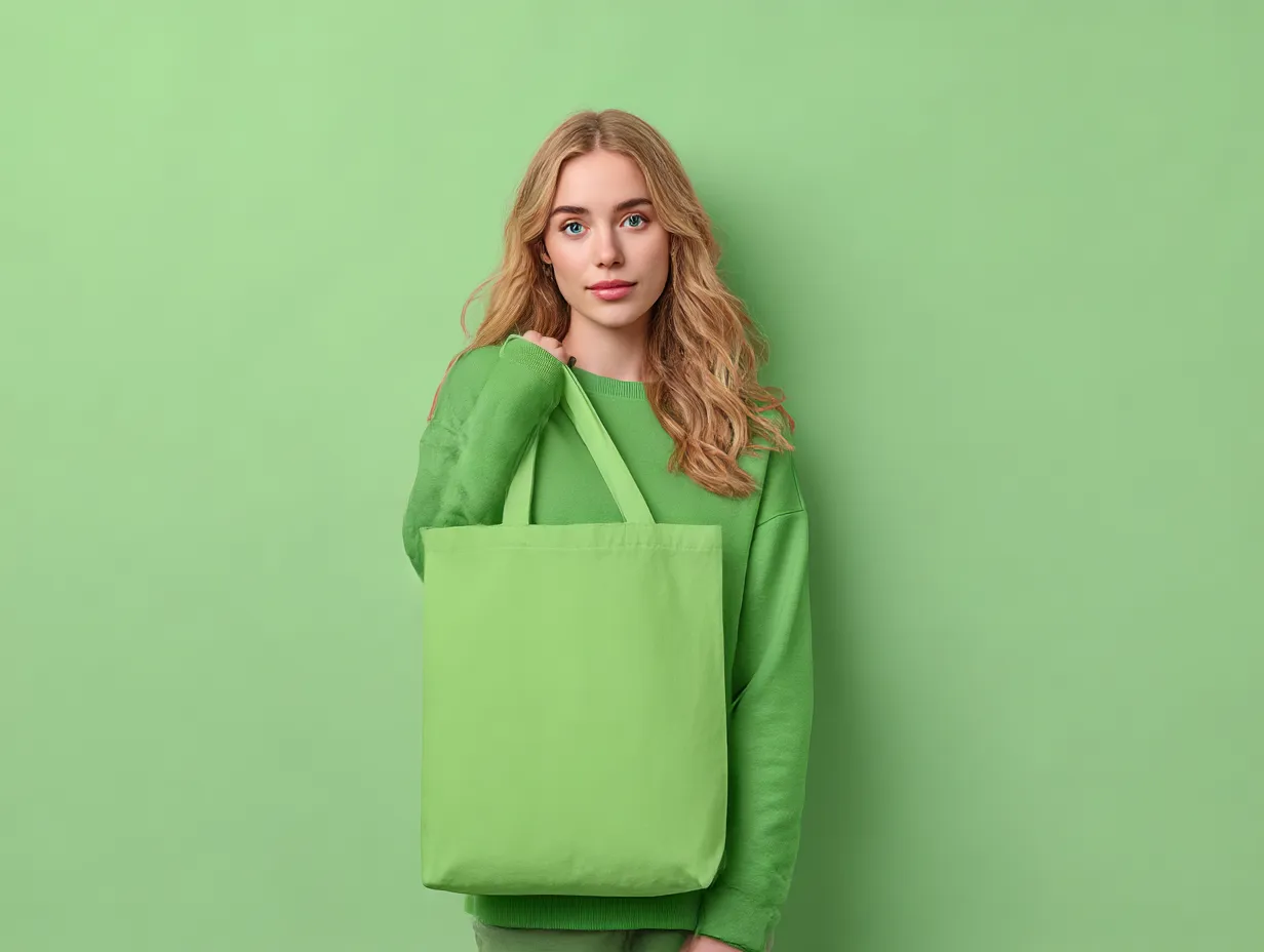 黄緑に合う色・コーデとトートバッグ｜黄緑のバッグとやや濃いグリーンのスウェットがグラデーション的に調和し、背景とも統一された配色に。シンプルながらも印象に残る配色バランス。