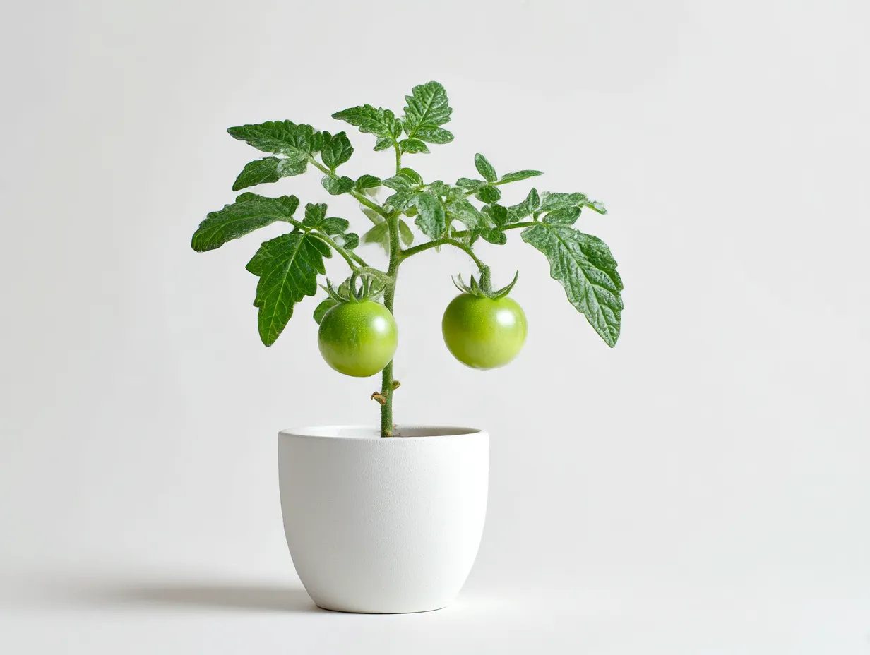 黄緑に合う色・ミニトマトの鉢植え｜若々しい黄緑の実と濃い葉、白い鉢の対比がナチュラルで清々しい。シンプルな背景によりグリーンの鮮度が際立つ、軽やかでミニマルな構成。