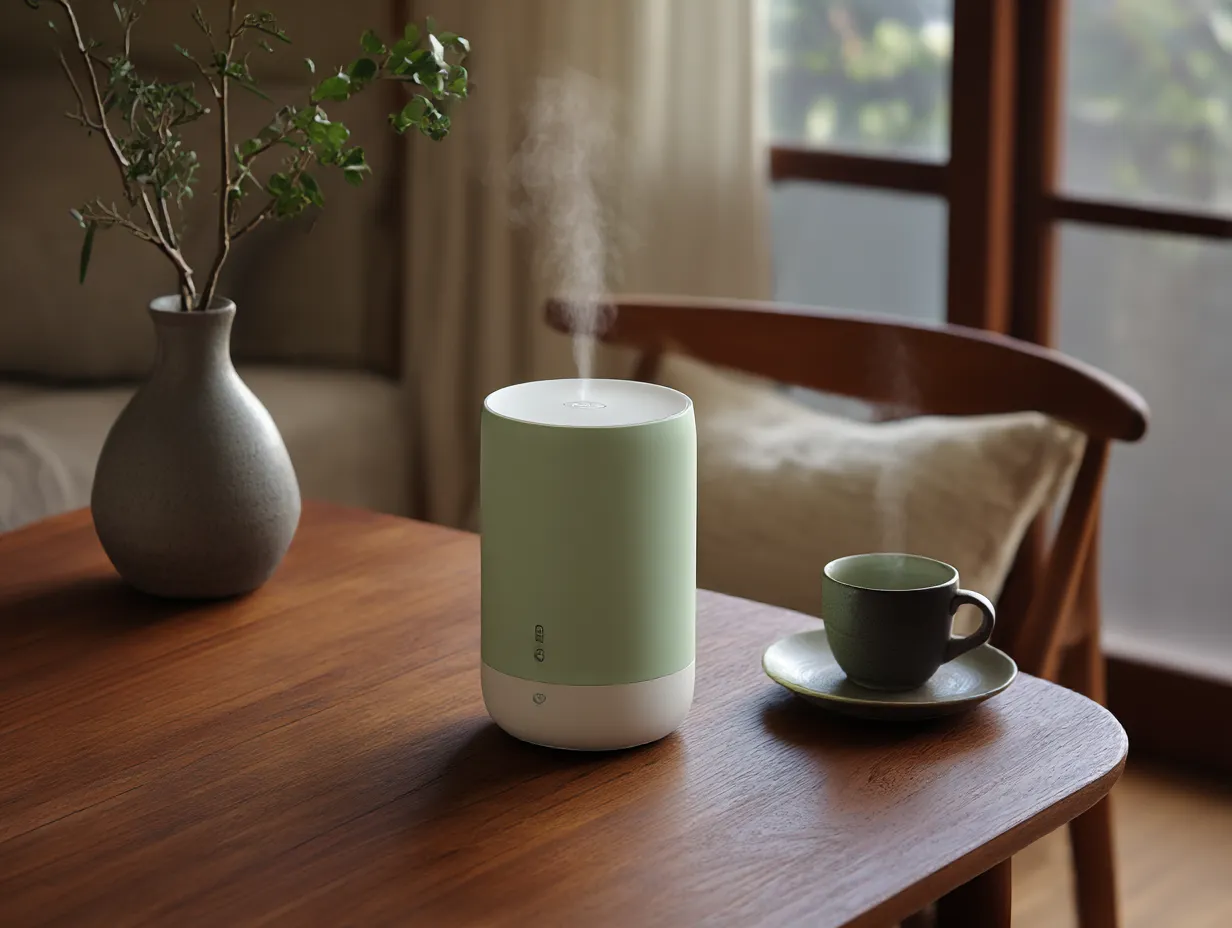 ライトグリーンに合う色・加湿器とティーカップ｜ライトグリーンの加湿器とダークグリーンのティーカップが、木目の家具と調和するナチュラルな空間。穏やかで癒される雰囲気を演出するインテリア構成。