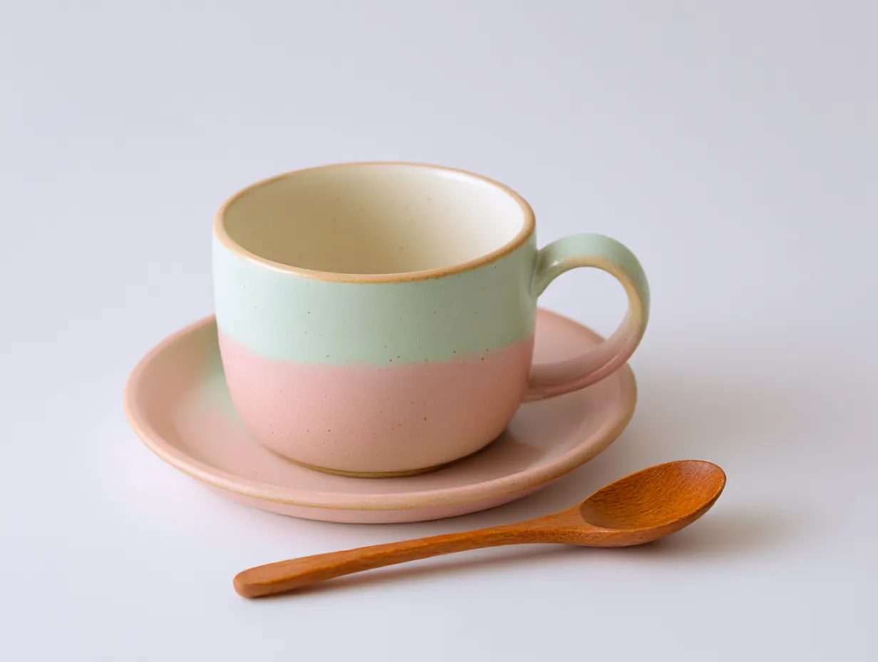 ライトグリーンに合う色・カップ＆ソーサー｜マットなライトグリーンとくすみピンクのツートン陶器。あたたかみのある釉薬の質感が、やわらかな色の組み合わせと調和し優しいカフェ風スタイルに。