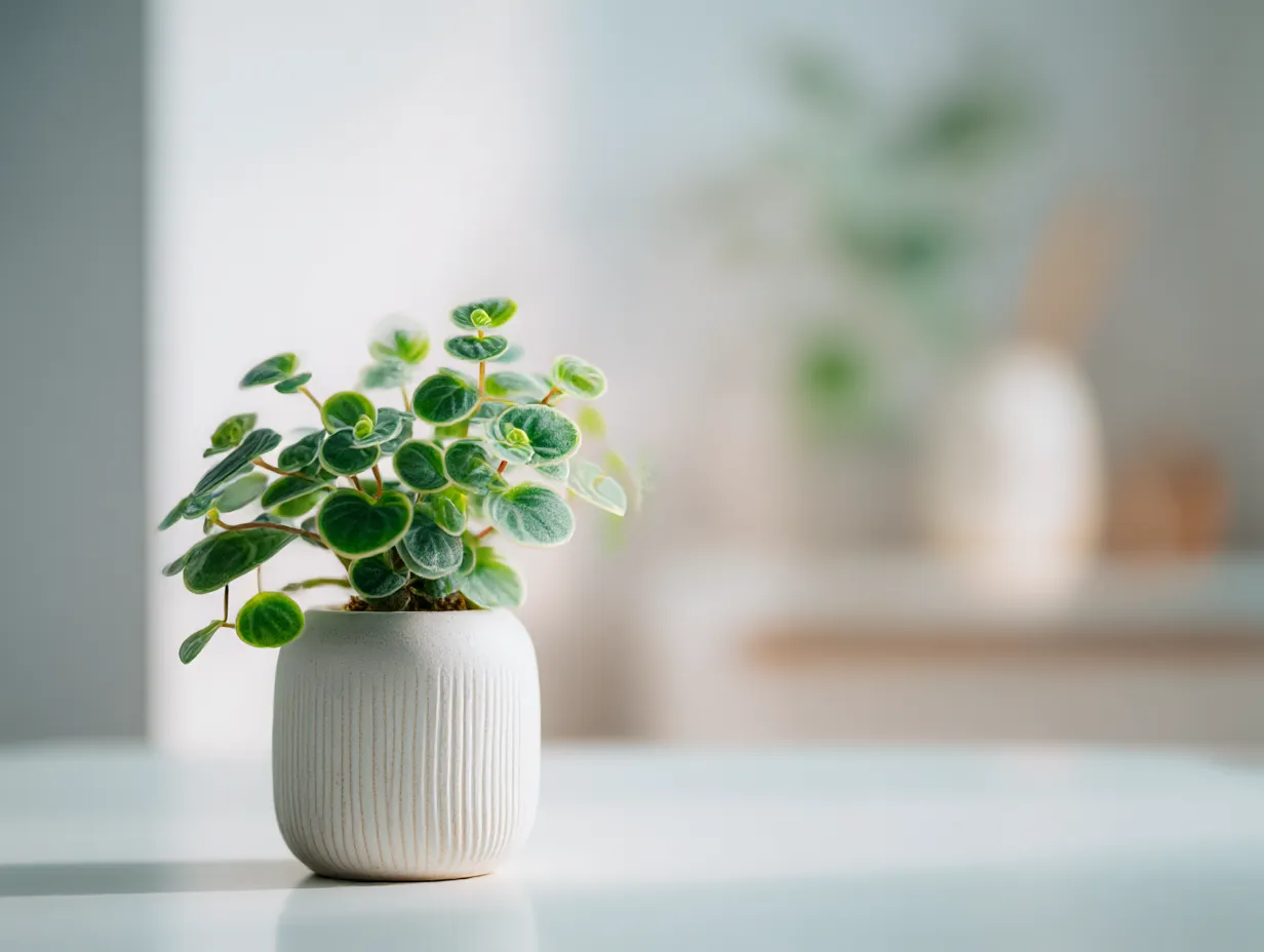 ライトグリーンに合う色・観葉植物と鉢｜丸みのある白い鉢とライトグリーンの葉の対比が爽やか。明るい背景の中でグリーンが映え、清潔感と自然美が同居するミニマルな空間づくりに好適。