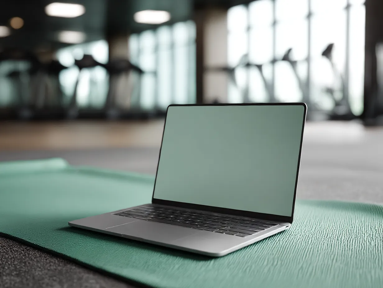 ライトグリーンに合う色・PCとヨガマット｜ライトグリーンのヨガマットと同系のノートPC画面がモノトーン空間に柔らかさを加える構成。健康的でリラックスした雰囲気が漂うライフスタイル演出。