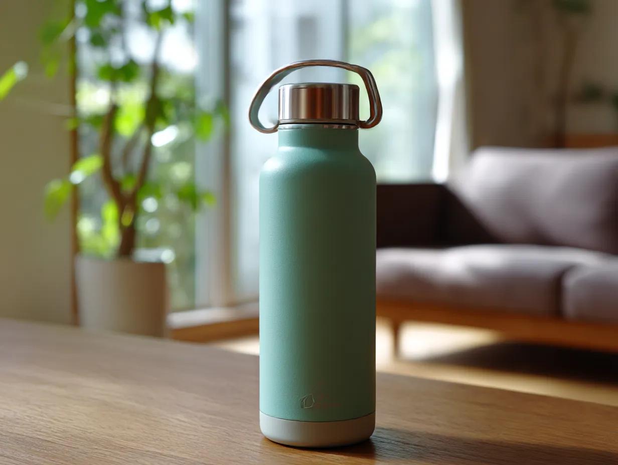 エメラルドグリーンに合う色・水筒｜マットな質感のエメラルドグリーンの水筒に、ステンレスのシルバーがアクセントとして映えるデザイン。清潔感と落ち着きを演出するカラーコントラストが心地よく、ナチュラルインテリアとの相性も抜群です。