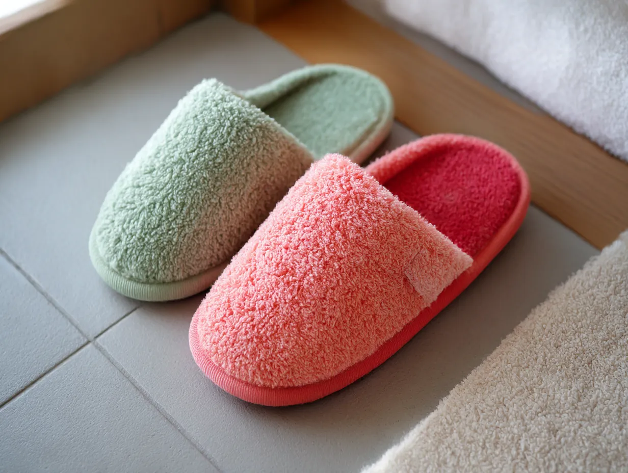 エメラルドグリーンに合う色・スリッパ｜グリーンとサーモンピンクのふわふわスリッパが並ぶ構図。エメラルドグリーンと優しいピンクの組み合わせが、柔らかく癒し系の雰囲気を醸し、リラックス空間にぴったりの配色バランスとなっています。