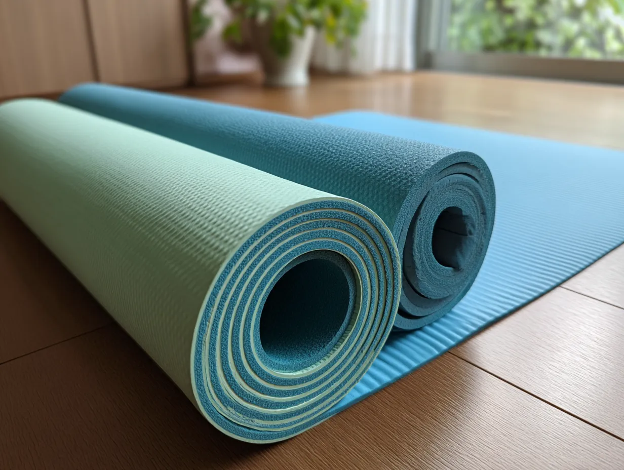 エメラルドグリーンに合う色・ヨガマット｜エメラルドグリーンと深みのあるブルーのヨガマットが並ぶスタイリング。清涼感と静けさを併せ持つカラーコンビで、穏やかに集中できる空間演出が可能です。木目の床とも好相性。