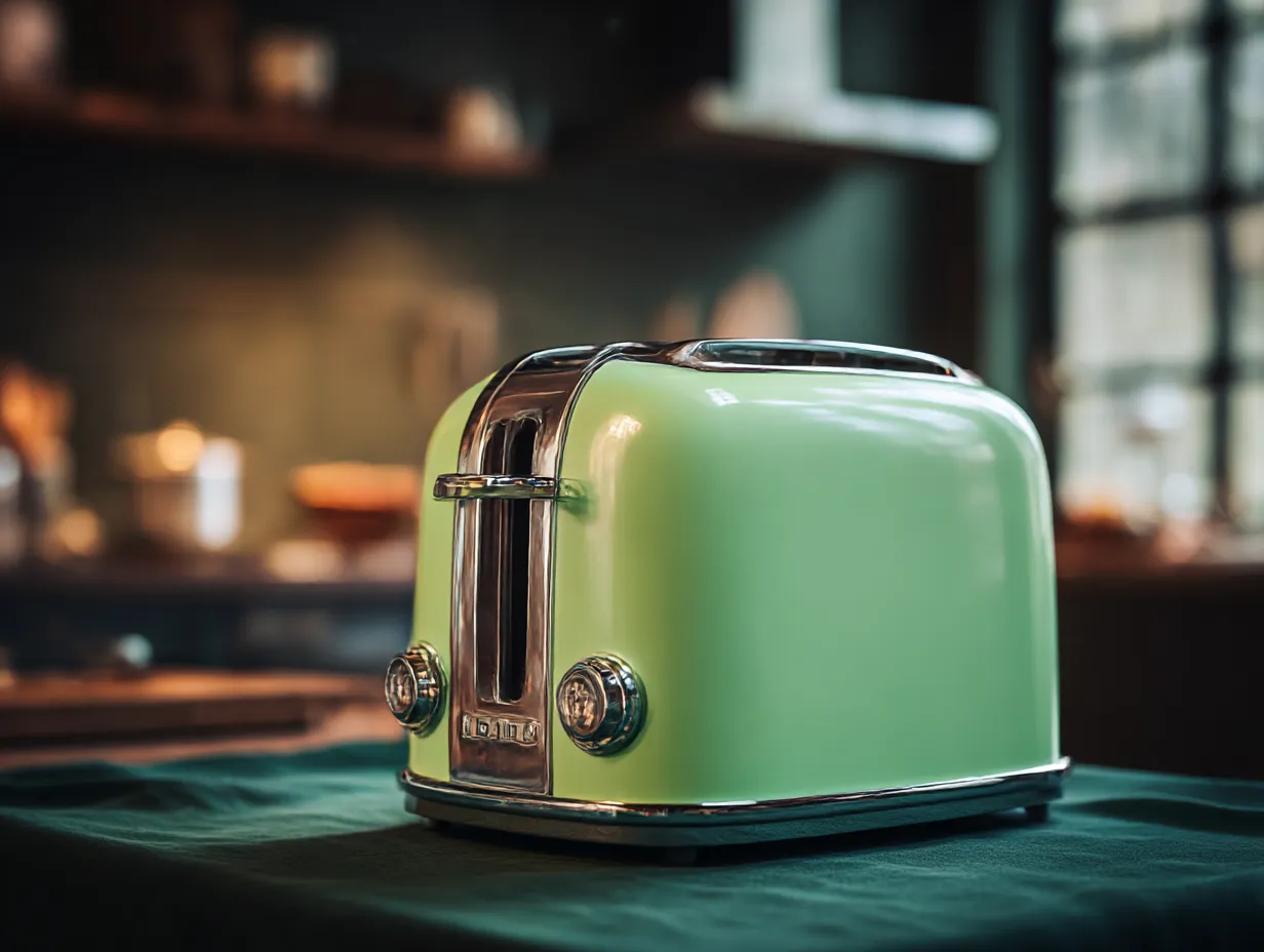 エメラルドグリーンに合う色・トースター｜クラシカルなフォルムのトースターに映えるエメラルドグリーン。クロームメッキのシルバーと木目の背景が絶妙に調和し、レトロで上品な雰囲気を醸し出す、視覚的に美しい組み合わせです。