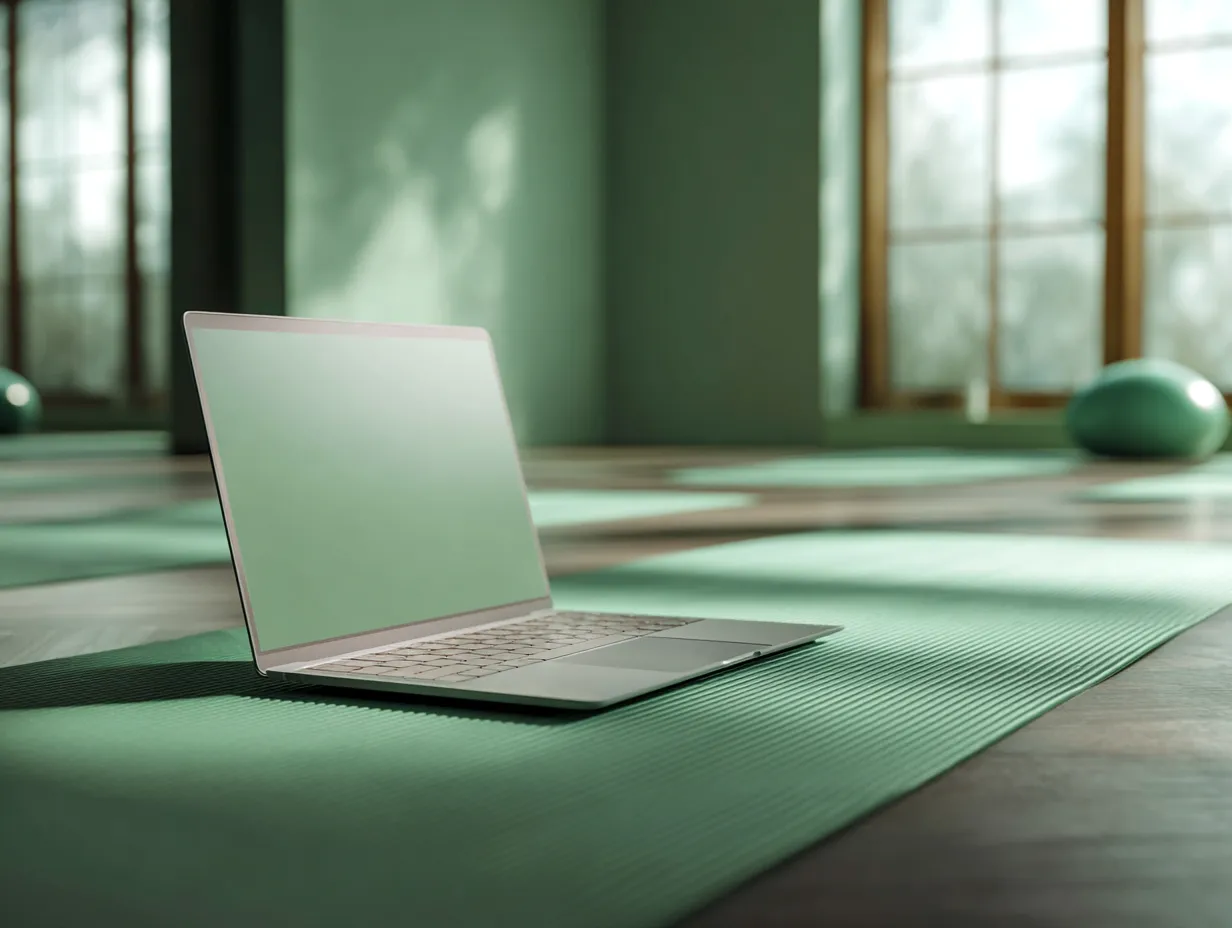 エメラルドグリーンに合う色・ノートPC｜エメラルドグリーンに統一された空間の中で、ノートPCのシルバーカラーがアクセントとして引き立ちます。全体に柔らかく明るい印象を与える、調和の取れたスタイリッシュな配色です。