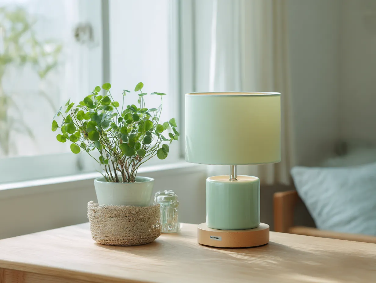 ミントグリーンに合う色・卓上ランプ｜ミントグリーンのシェードと木目の台座が柔らかく調和したランプ。ナチュラルウッドのベージュ系がミントの爽やかさを引き立て、温かく清潔感のある北欧風インテリアにぴったりの配色です。