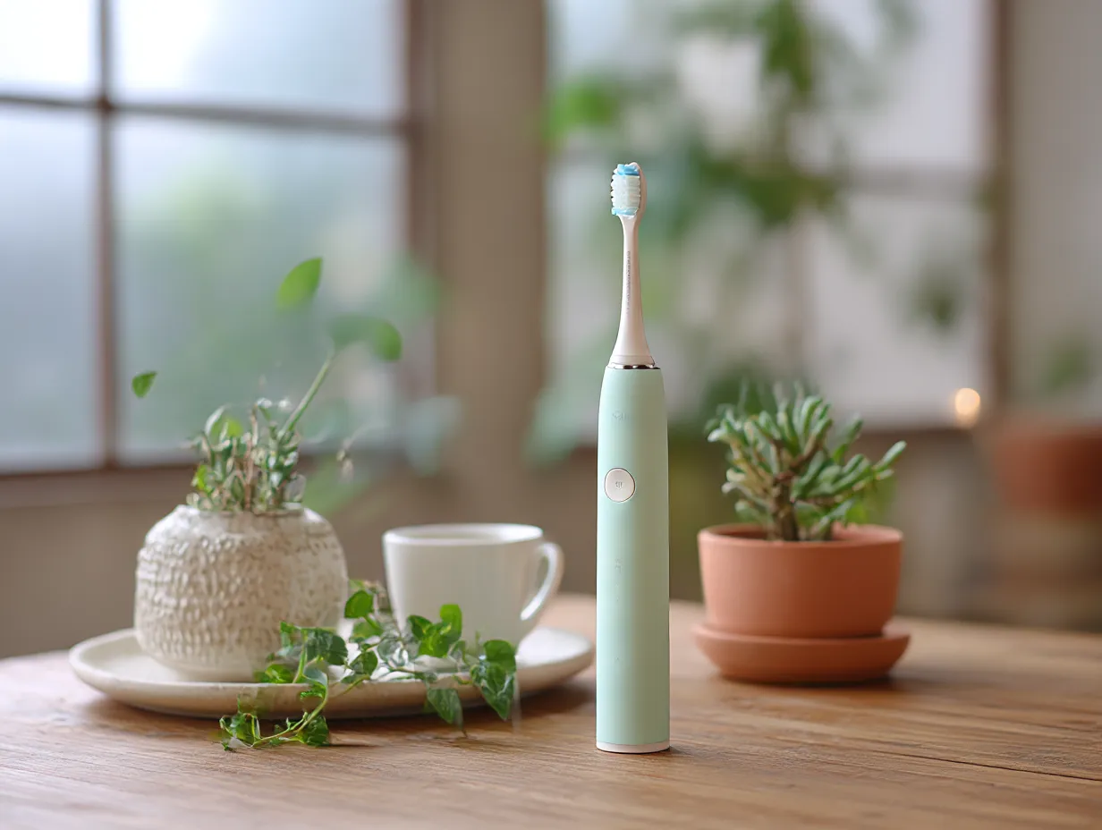 ミントグリーンに合う色・電動歯ブラシ｜ミントグリーンの電動歯ブラシと、背景の素焼きの鉢やホワイトのカップが自然と調和。グリーンとテラコッタの組み合わせが、ぬくもりと清涼感をバランスよく演出しています。