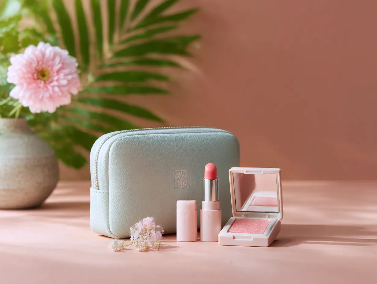 ミントグリーンに合う色・コスメセット｜ミントグリーンのポーチと、淡いピンクのリップとチークが並ぶ柔らかい画面構成。可憐で上品な配色がナチュラルメイクやフェミニンなスタイルと調和する、明るく優しい印象です。