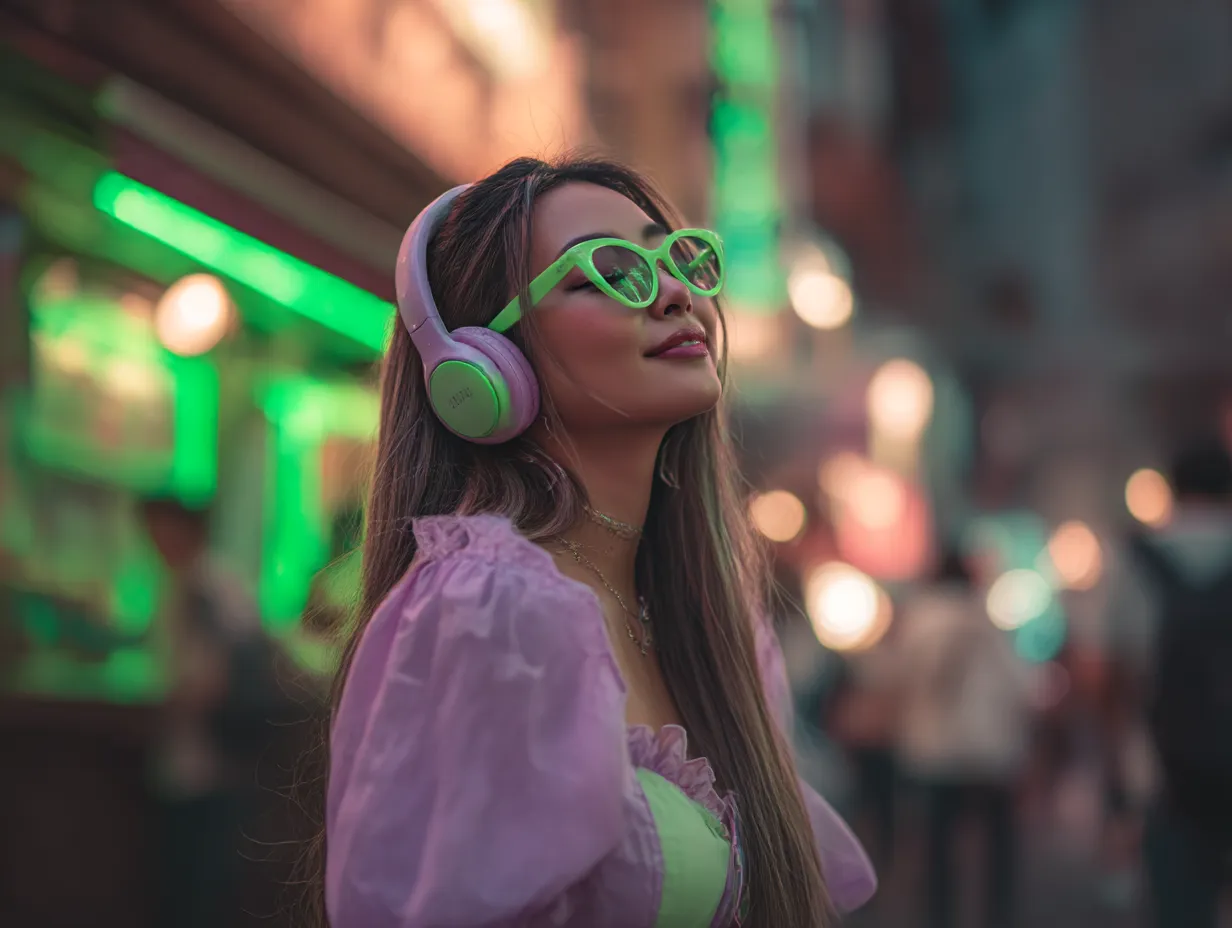 ミントグリーンに合う色・女性ファッション｜夜の街に映えるミントグリーンのヘッドフォンとサングラスに、ラベンダーのブラウスが絶妙にマッチ。ポップで幻想的なライティングが、トレンド感と個性を際立たせるスタイリングです。