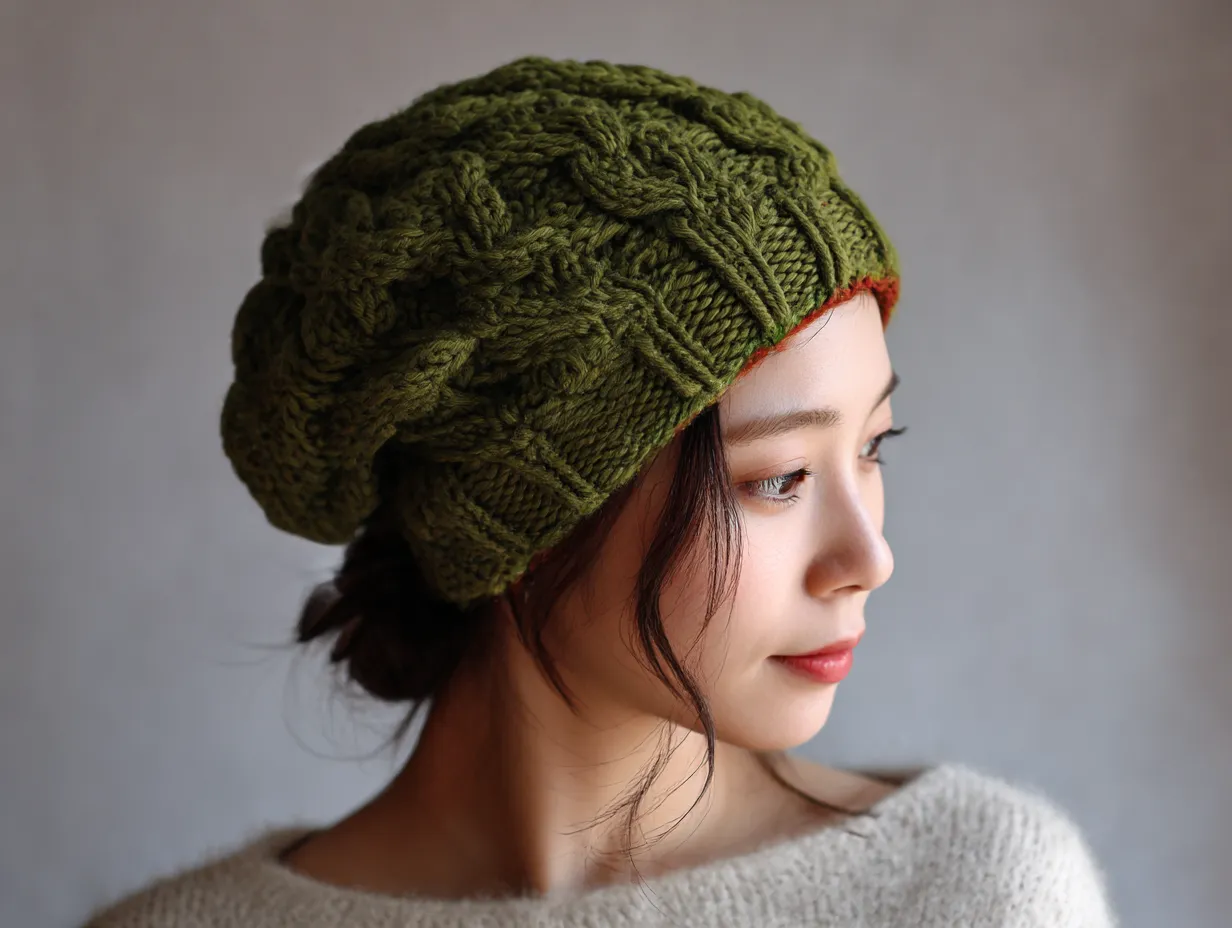 モスグリーンに合う色・ニット帽の女性｜深みのあるモスグリーンのニット帽に、赤みを帯びた縁取りがさりげないアクセントに。ニュートラルな背景とアイボリーの服が、色のコントラストを柔らかく引き立て、温かくナチュラルな印象を与えます。