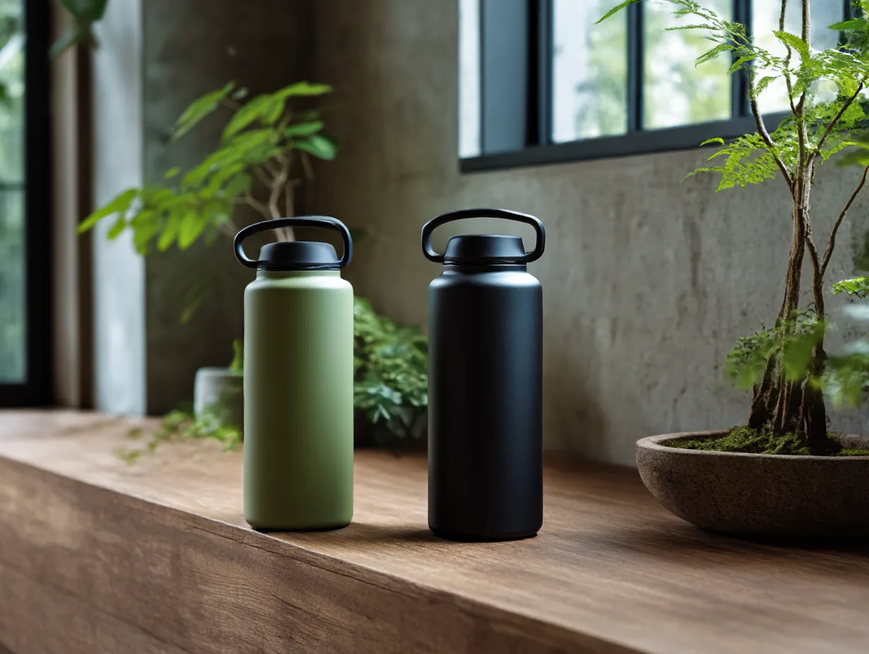 モスグリーンに合う色・水筒のセット｜モスグリーンとブラックの水筒が並ぶ構図。くすんだ緑とマットな黒の組み合わせがモダンで落ち着いた雰囲気を醸し、植物や木の質感とも調和する洗練されたナチュラルスタイルです。