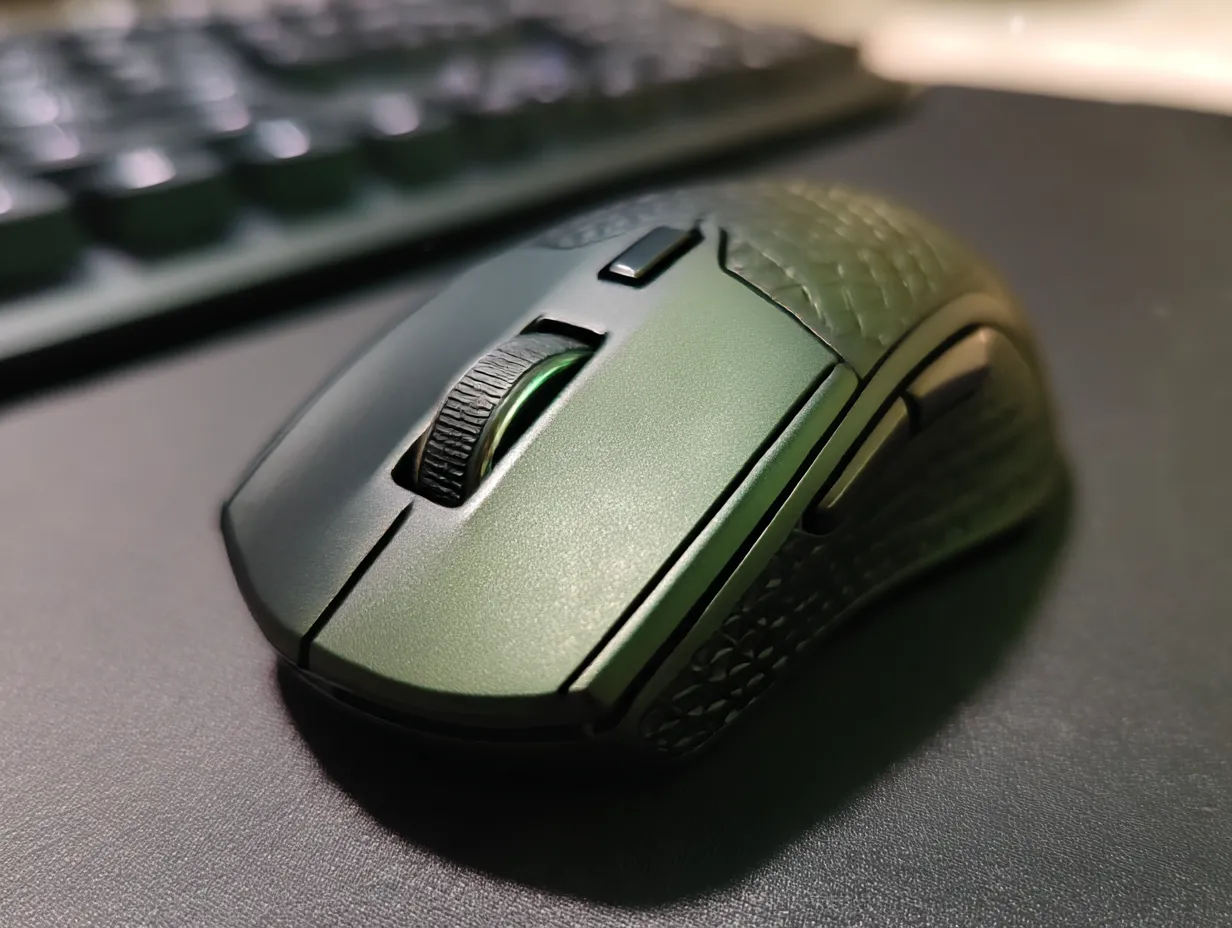 モスグリーンに合う色・PCマウス｜モスグリーンを基調にしたPCマウスにブラックのディテールが加わることで、重厚で洗練された印象に。ワークスペースを引き締めるシンプルかつ機能美を感じさせるカラー構成です。