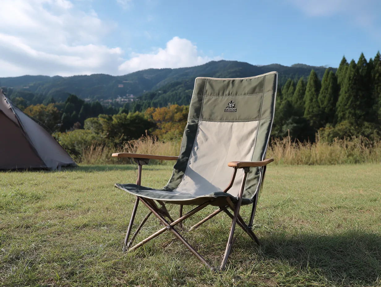 モスグリーンに合う色・アウトドアチェア｜モスグリーンのアウトドアチェアとベージュの切り替えが絶妙なバランス。自然の風景と溶け合いながらも落ち着きある色合いが、アウトドアシーンに穏やかな安定感を与えます。