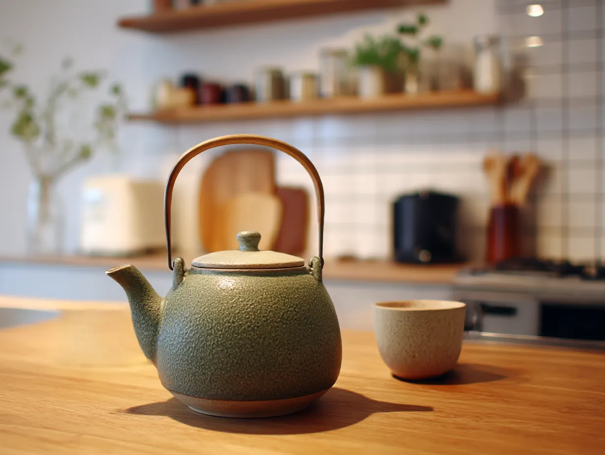 モスグリーンに合う色・急須と茶碗｜モスグリーンの陶器の急須とベージュの茶碗が木目のキッチンに調和。渋さと温もりが共存する組み合わせで、和モダンな空間や丁寧な暮らしをイメージさせる上品な色使いです。