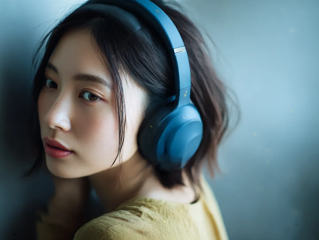 青に合う色・ヘッドフォンの女性｜ディープブルーのヘッドフォンと落ち着いたマスタードイエローのトップスが織りなす印象的なカラーリング。寒色と暖色の絶妙なバランスが、静寂とあたたかみの共存を感じさせます。