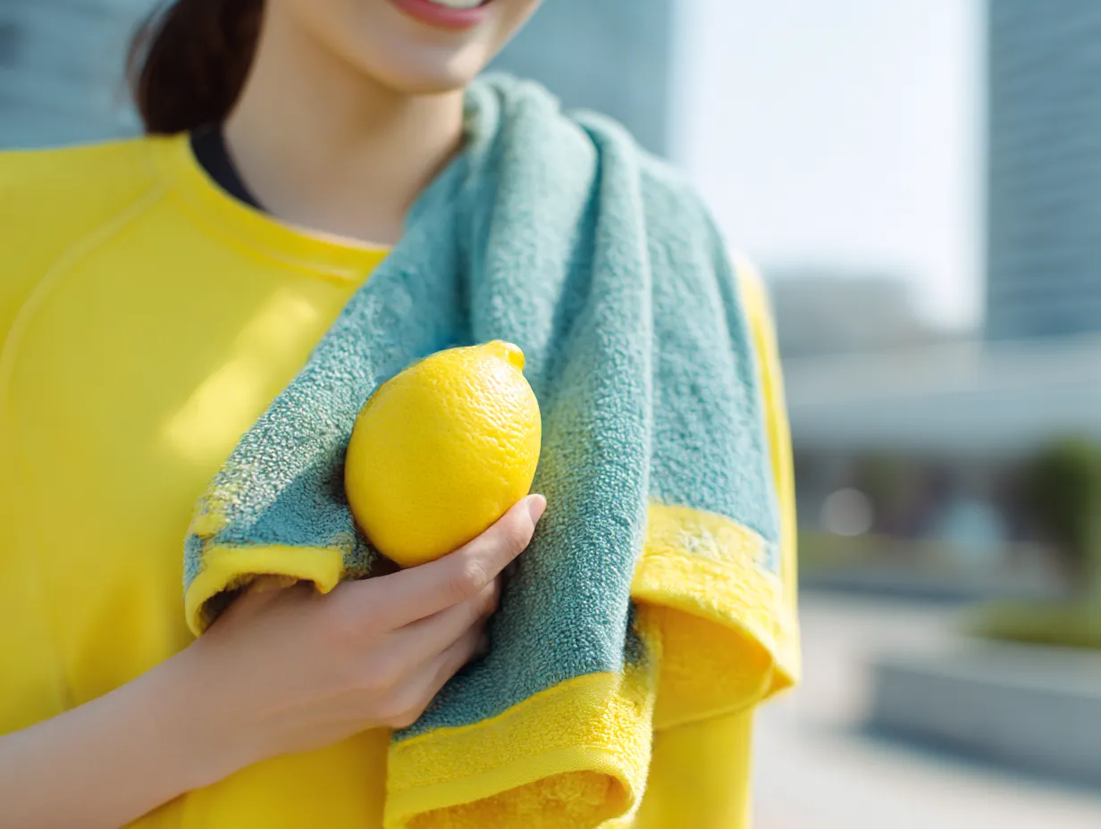 水色に合う色×レモン＆タオルの女性｜鮮やかな水色のタオルとビビッドなレモンイエローがコントラストを生む爽やかな組み合わせ。屋外の自然光に映える健康的で明るい印象を演出。