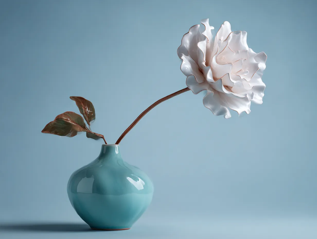 水色に合う色×陶器の花瓶と白い花｜艶やかな水色の花瓶に、白い陶器の花と銅葉が静けさを添える静謐な構図。シンプルながら洗練された和モダンの装飾美が漂う一枚。