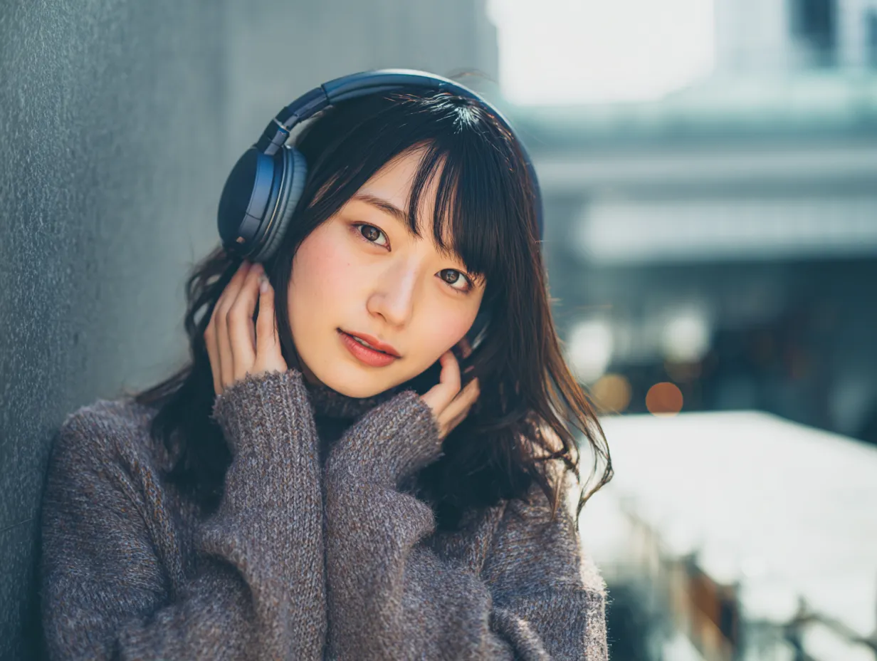 紺色に合う色×ヘッドホン女子ポートレート｜紺色のヘッドホンとグレーブラウンのニットが調和し、都会的でクールな雰囲気に。青みの光が透明感を引き立てる冬の街角風ポートレート。
