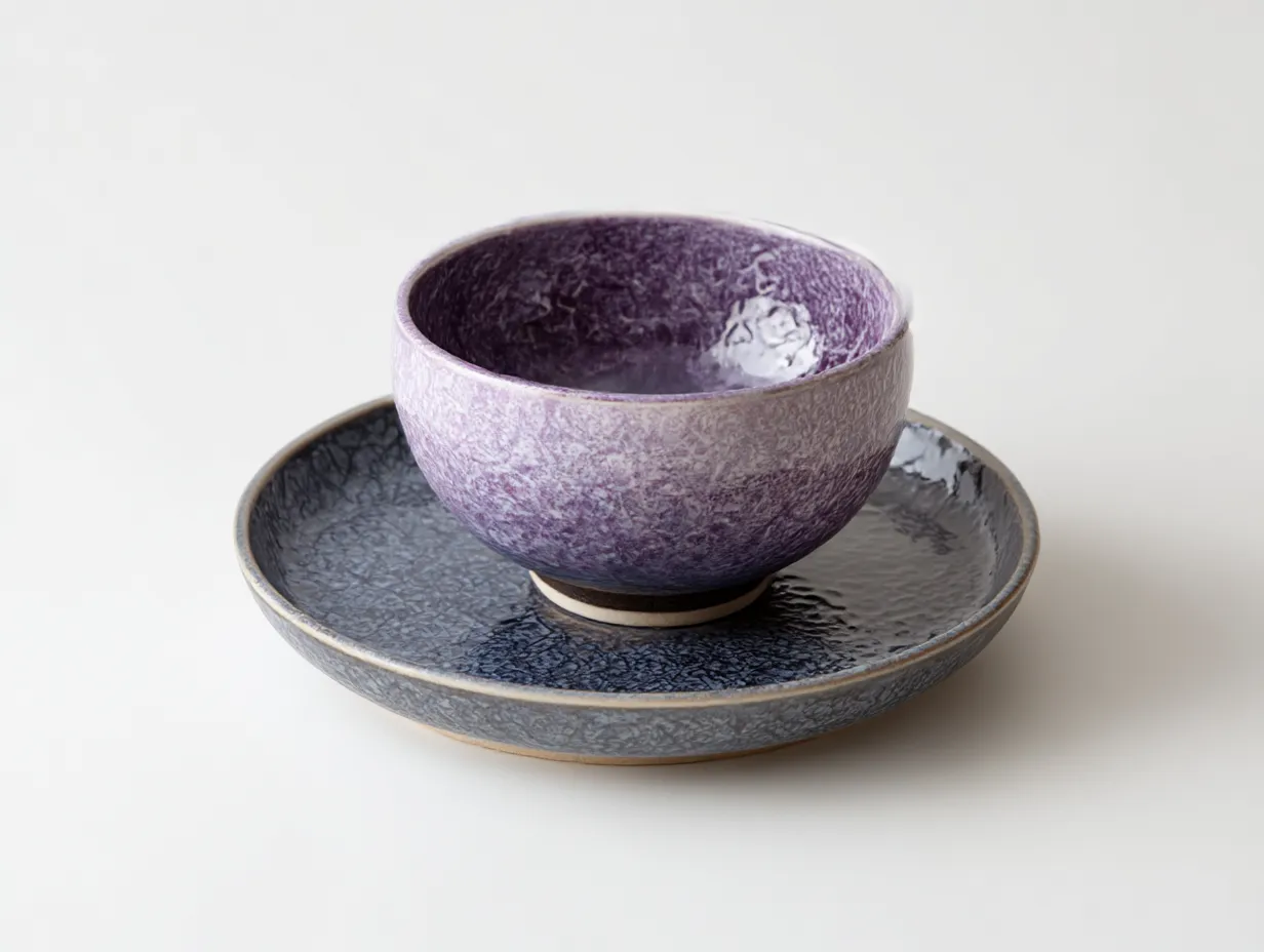 紫に合う色×陶器の茶碗と皿セット｜ラベンダーがかった紫の茶碗と、グレー系の皿が上品に調和。釉薬の風合いと静かな色味が融合し、和モダンな美しさを際立たせる一組。