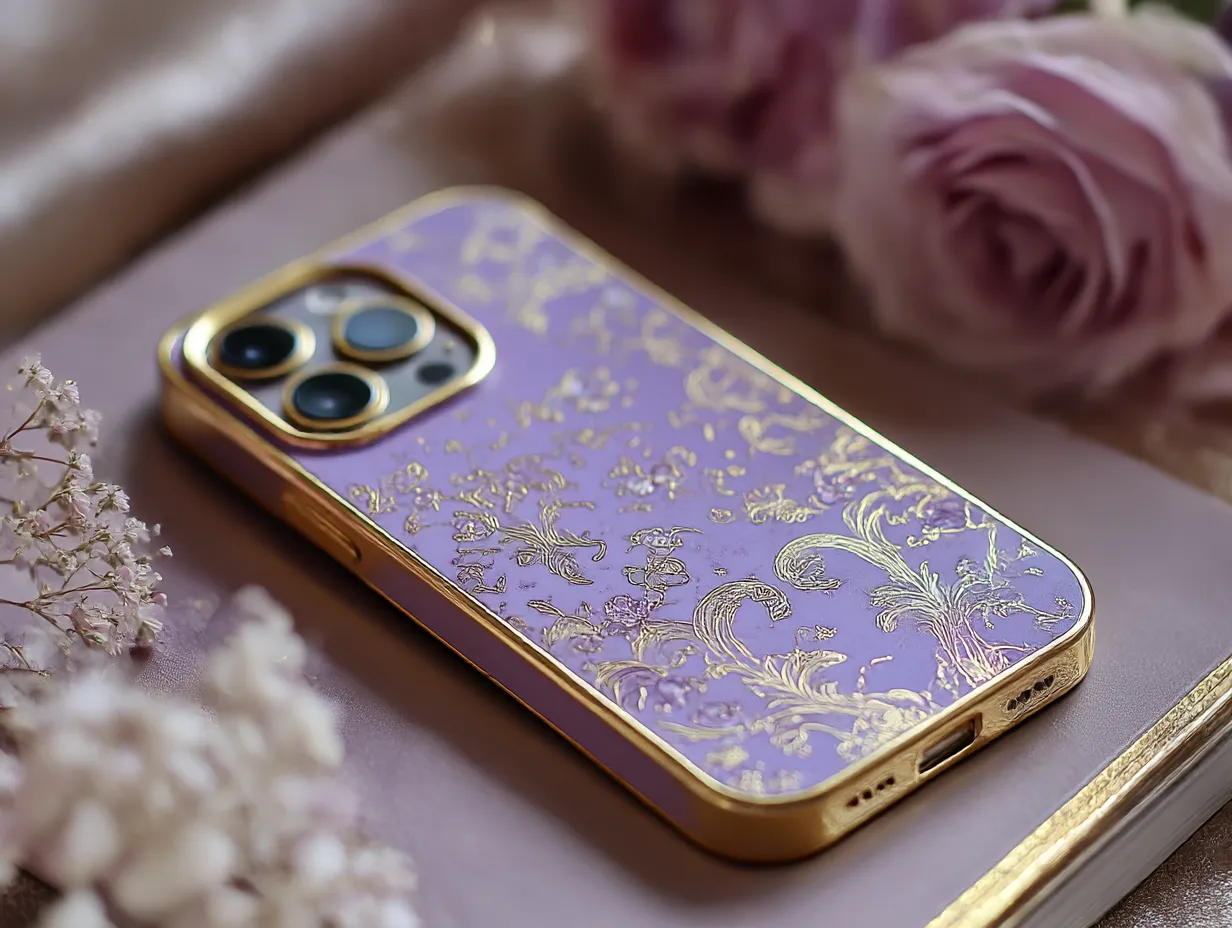 薄紫に合う色×エンボスiPhoneケース｜光沢ある薄紫にゴールドのエンボス装飾が映える上質なスマホケース。背景のローズピンクが全体のトーンをまとめ、ロマンティックな印象を強調。