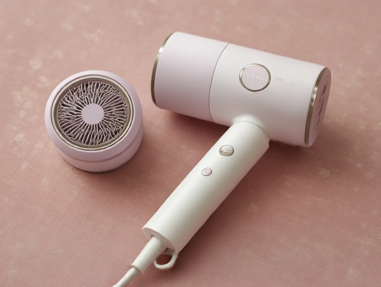 薄紫に合う色×コンパクトドライヤー｜本体の薄紫とホワイトのコントラストがシンプルで洗練されたデザイン。背景のくすみピンクがやさしさをプラスし、女性らしい美しさを引き立てる。