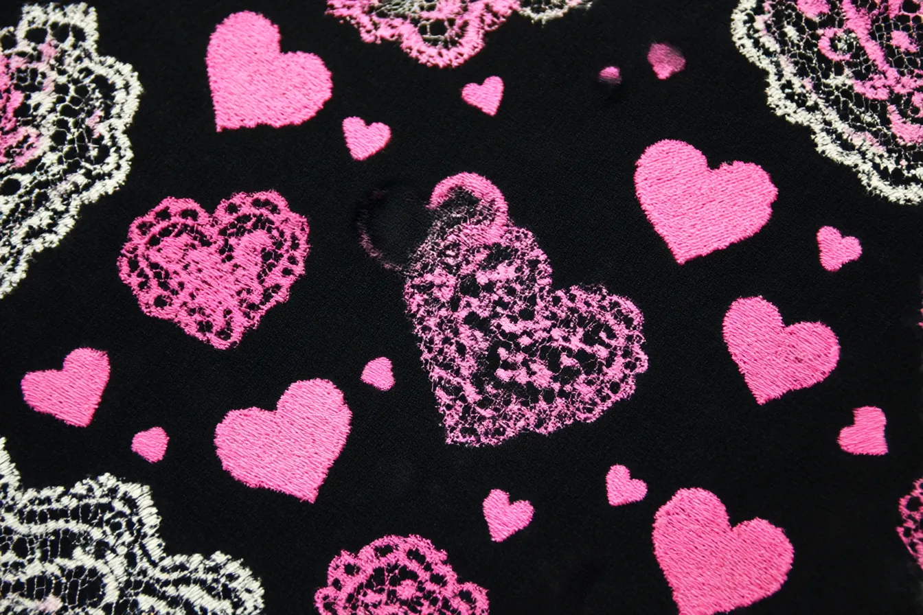 地雷系背景と黒地レースハート｜黒背景にピンクの刺繍ハートが浮かぶ甘辛ミックスなデザイン。ゴシックとラブリーの融合が地雷系の典型的ビジュアルを表現し、少し毒のあるかわいらしさを感じさせる。