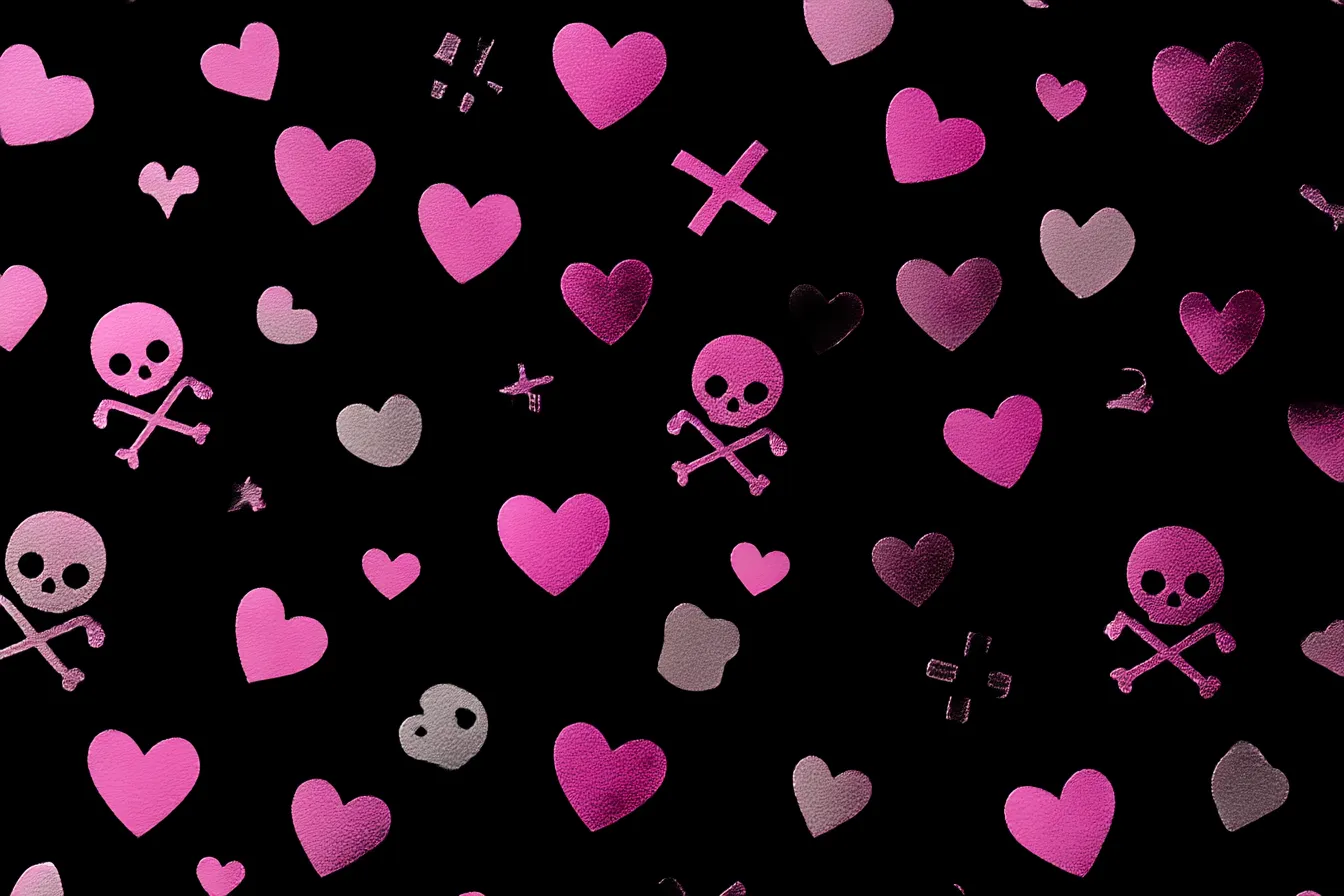 地雷系背景とドクロハート柄|ピンクのハートに混じるドクロやバツ印が黒背景に浮かび、毒々しさと可愛さが交錯する構成。反抗的でセンチメンタルな地雷系の感情をビジュアル化したインパクトある背景。