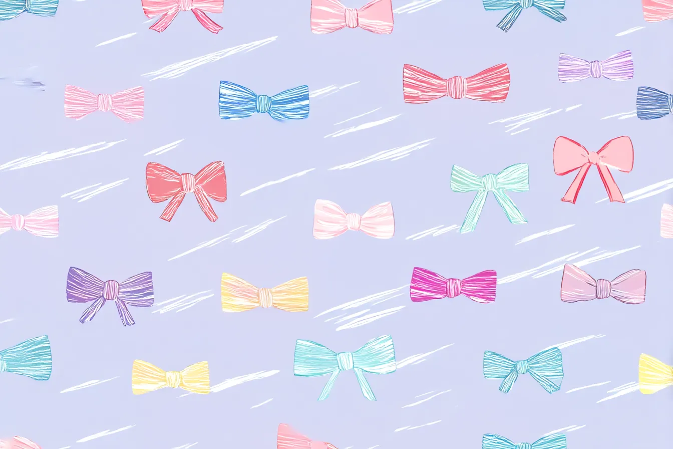 リボン背景とパステルポップ柄|淡いラベンダー色の背景に、カラフルなリボンが整列するポップな構成。手描き風の線とパステルカラーが優しく元気な印象を与え、キュートで明るい雰囲気を演出する。