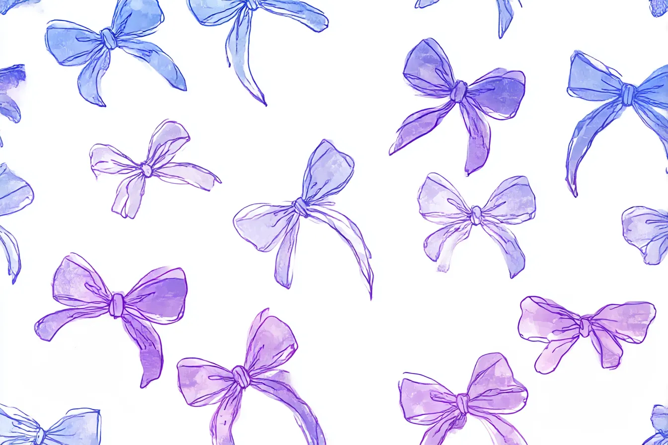 リボン背景と水彩パープル配色|透明感のある水彩タッチで描かれたブルー〜パープルのリボンが、白地にふわりと浮かぶ構成。やわらかく儚げな印象で、落ち着きとかわいらしさを兼ね備えた背景に。